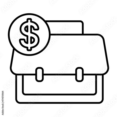 Vector icon of a work briefcase with a dollar coin, symbolizing business investment, financial portfolio, and salary