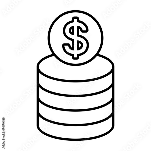 Outline vector illustration of stacked money coins with a prominent dollar symbol, representing financial growth, savings, investment, and wealth management concepts for economic stability