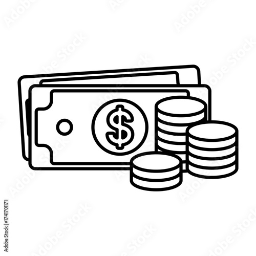 Minimalist line art icon of cash money, featuring stacked coins and dollar bills, symbolizing finance, wealth, and economic concepts