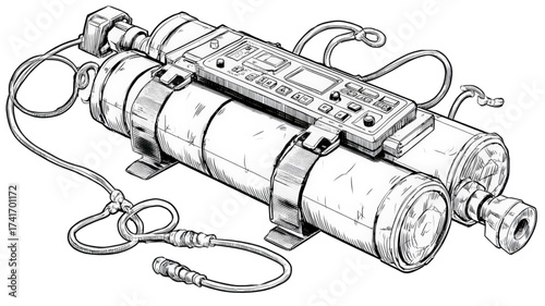 Detailed line art illustration of a cylindrical explosive device.