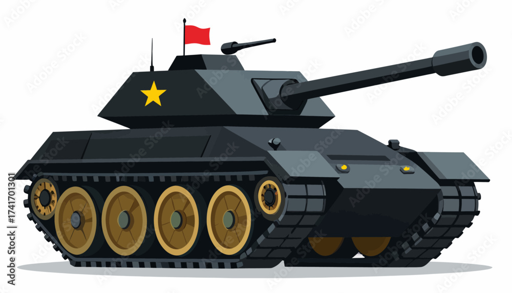 Fototapeta premium Stylized Black Military Tank with Gold Wheels, Yellow Star, Red Flag, and Cannon Firing Projectile