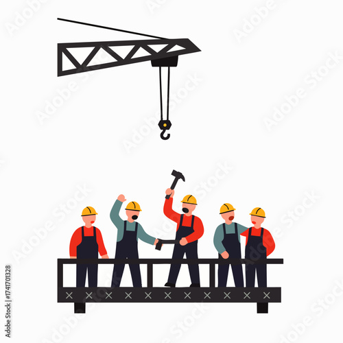 Construction workers collaborate on a building project, with a crane overhead, symbolizing teamwork and progress in the industry.