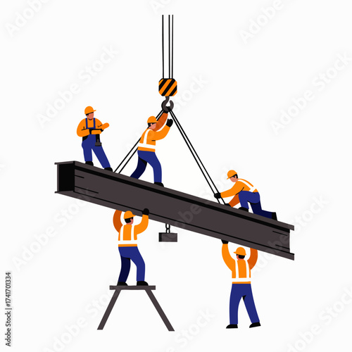 Construction workers carefully maneuver a heavy steel beam, working together to ensure its precise placement in a new building project.