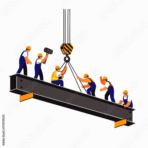 Construction workers collaborate to lift a steel beam, showcasing teamwork and engineering prowess on a bright, isolated background.