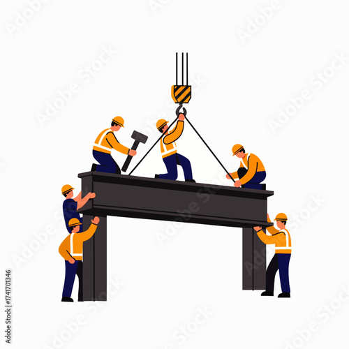 Construction workers team up to lift a steel beam, illustrating teamwork and building a structure with a crane on a white background.