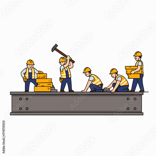 Construction workers in safety vests and helmets build with bricks and tools on a steel beam, illustrating teamwork.
