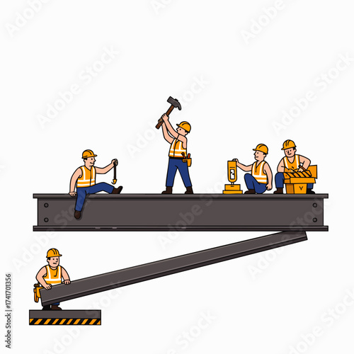 Construction workers in safety gear collaborate on an I-beam, illustrating teamwork, building, and industry concepts.
