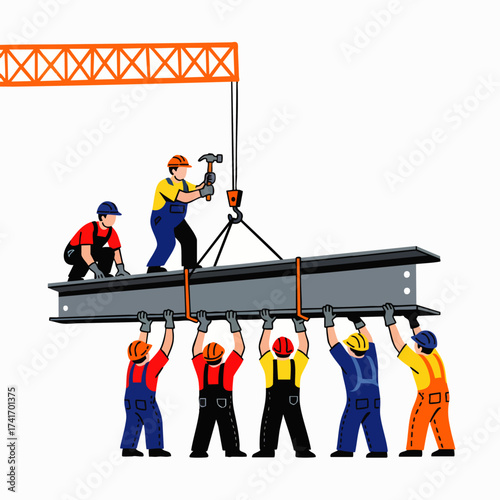 Construction workers collaboratively lift a steel beam using a crane, showcasing teamwork and building progress on a project site.