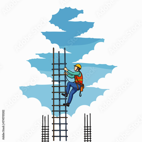 A construction worker ascends a rebar structure, emphasizing safety and progress against a backdrop of fluffy clouds and a bright blue sky.