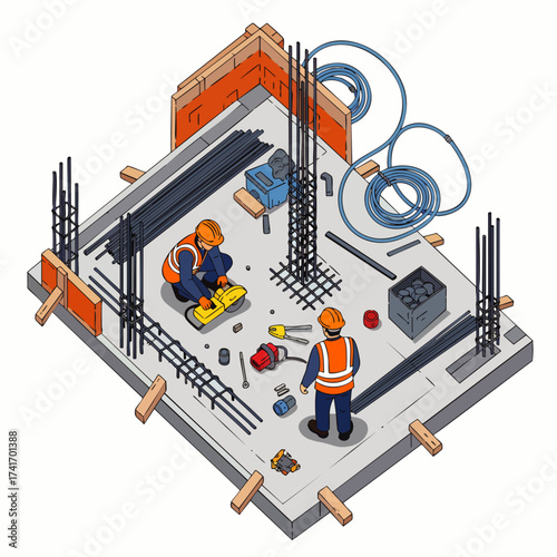 Construction workers meticulously prepare a concrete foundation, utilizing tools and materials for a new building project, showcasing teamwork and precision.