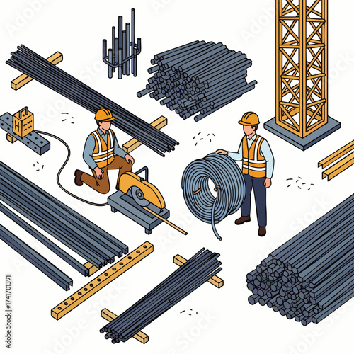 Construction workers utilizing various steel components, including rebar, pipes, and a cutting saw, in a detailed illustration.