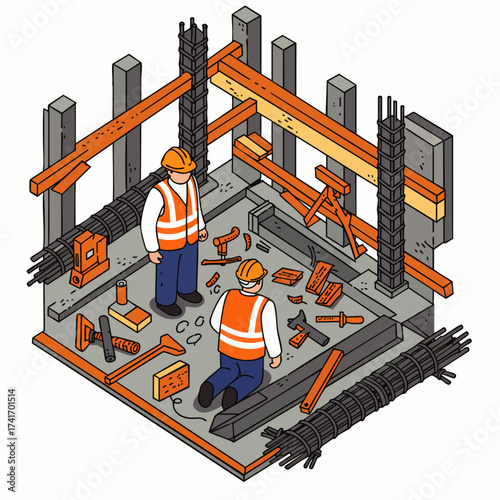 Isometric view of construction workers inside a building under construction with tools and materials, ready for the next stage.