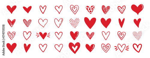 doodle red hearts different shapes for valentine day love icons. hand drawn different heart collection