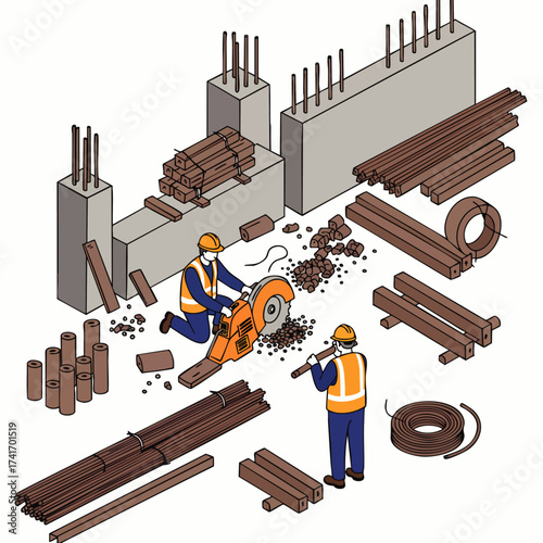 Construction workers utilize power tools and building materials to construct a new structure, showcasing industry and labor.