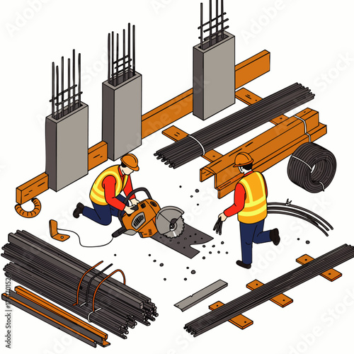 Construction workers use power tools to cut metal and prepare building materials for a new structure, showcasing industry and labor.