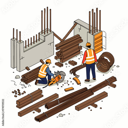 Construction workers utilize tools and materials to build a concrete structure, showcasing the process of construction.