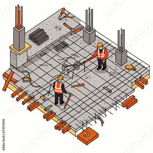 Construction workers meticulously prepare a building foundation, ensuring structural integrity with precise measurements and careful reinforcement detailing.