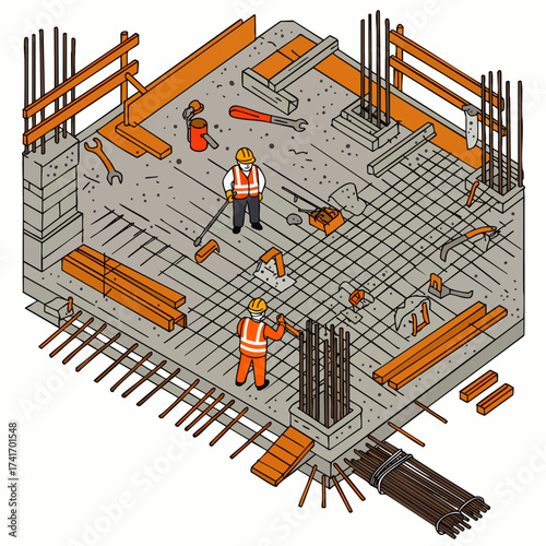Isometric illustration showcasing construction workers and tools on a concrete building foundation during the building process.