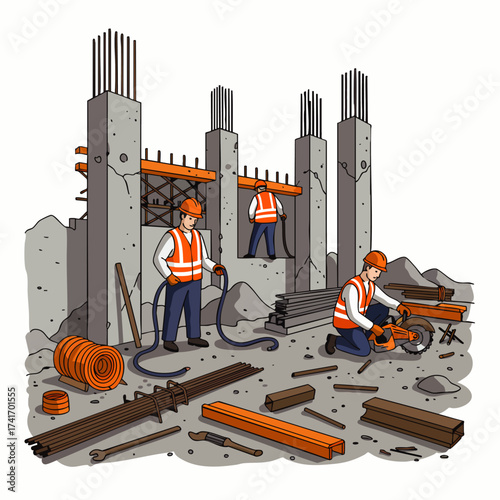Construction workers diligently work on a building site, using tools and equipment to construct the concrete structure efficiently.