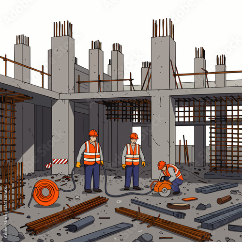 Construction workers are busy at a building site, wearing safety vests, and working on concrete structures with tools.