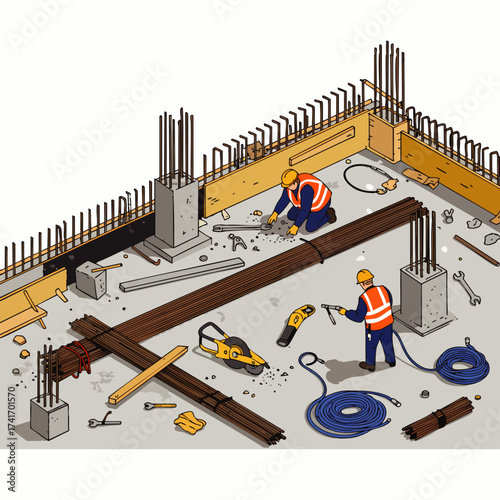 Construction workers meticulously work on a building site, using various tools and equipment to construct the foundation and framework.
