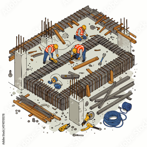Construction workers meticulously assemble steel reinforcement bars and concrete forms, preparing for the next phase of building a structure.