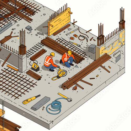 Isometric view depicts construction workers diligently working on a building's foundation, highlighting the building process.