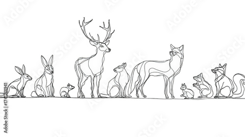 Hand drawn illustration of various woodland creatures in a row.