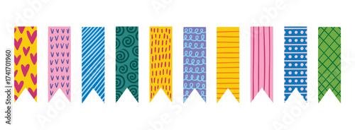 Colorful decorative tape patterned tape strips, cute scotch tapes, bookmarks. Cute pieces tape set. Scrapbooking element for creative digital collages.