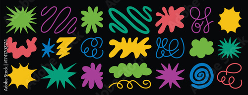  Groovy funky abstract elements trendy funky set. Star, flower, cloud shape, line sticker pack, waves. Trendy retro 60s 70s 90s 00s cartoon style.