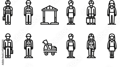 Worker and laborer icon set with construction symbols.