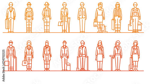 Set of People in Various Professional Uniforms Line Art.