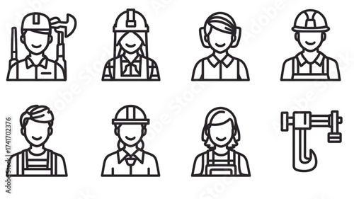 Set of industrial worker and laborer line art icons.