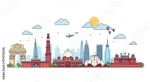India's Architectural Marvels A Skyline Illustration Showcasing Historic Landmarks & Monuments