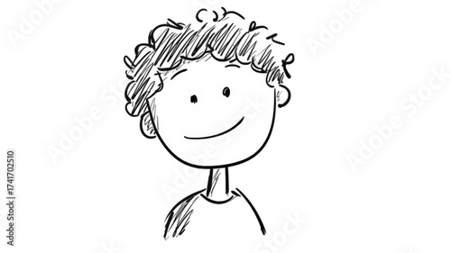 Hand drawn cartoon illustration of a smiling boy with curly hair.