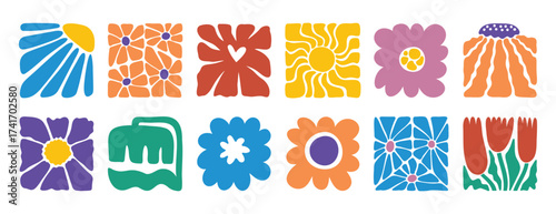 hand drawn poster abstract flowers groovy retro style. floral square botanical icon. freehand naive bright 70s style 