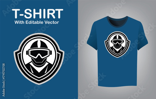 Futuristic vr headset mascot logo design for t-shirt apparel mockup
