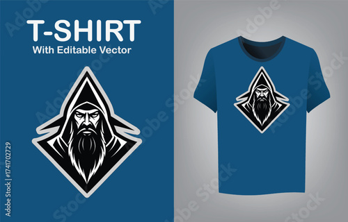 Mascot wizard logo design with long beard and magical aura on t-shirt mockup