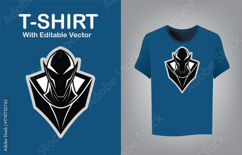 Futuristic alien mascot logo with glowing green eyes for apparel and gaming