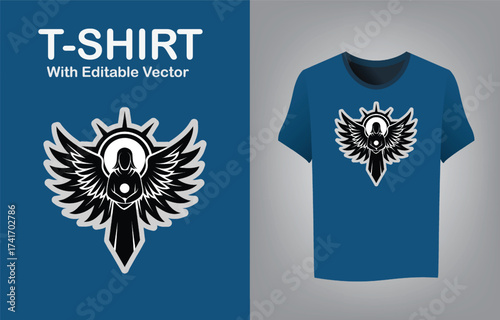 Divine angel mascot logo with glowing wings and aura on t-shirt design