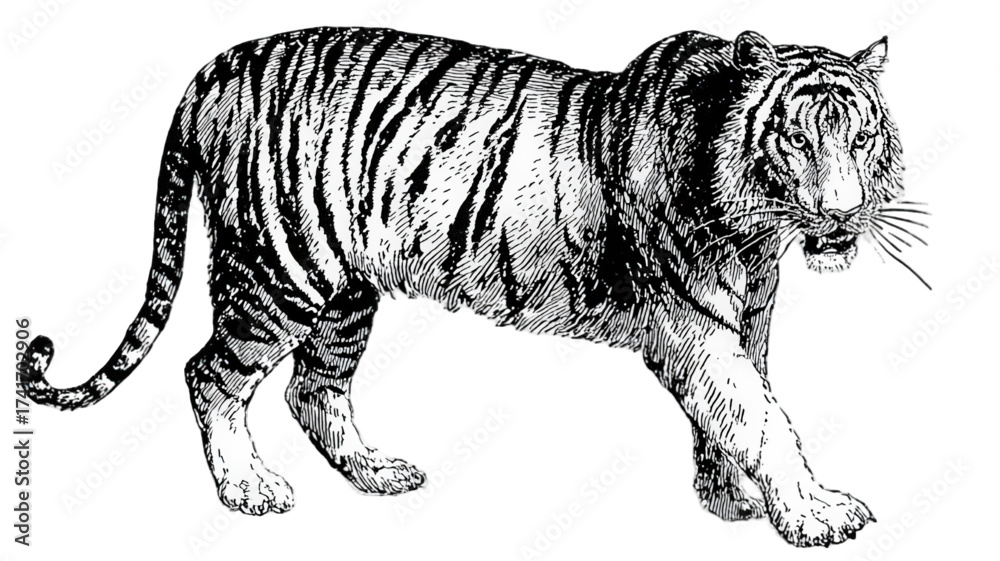 Naklejka premium Vintage black and white engraving of a walking tiger.