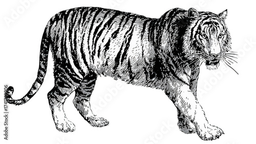 Vintage black and white engraving of a walking tiger.