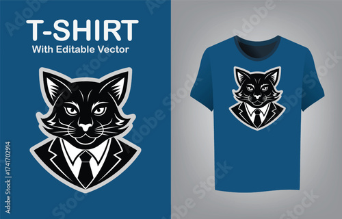 Sophisticated black cat mascot head wearing a suit and tie graphic for apparel
