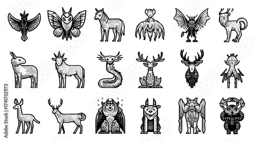 Set of Hand Drawn Mythological Animal Illustrations.