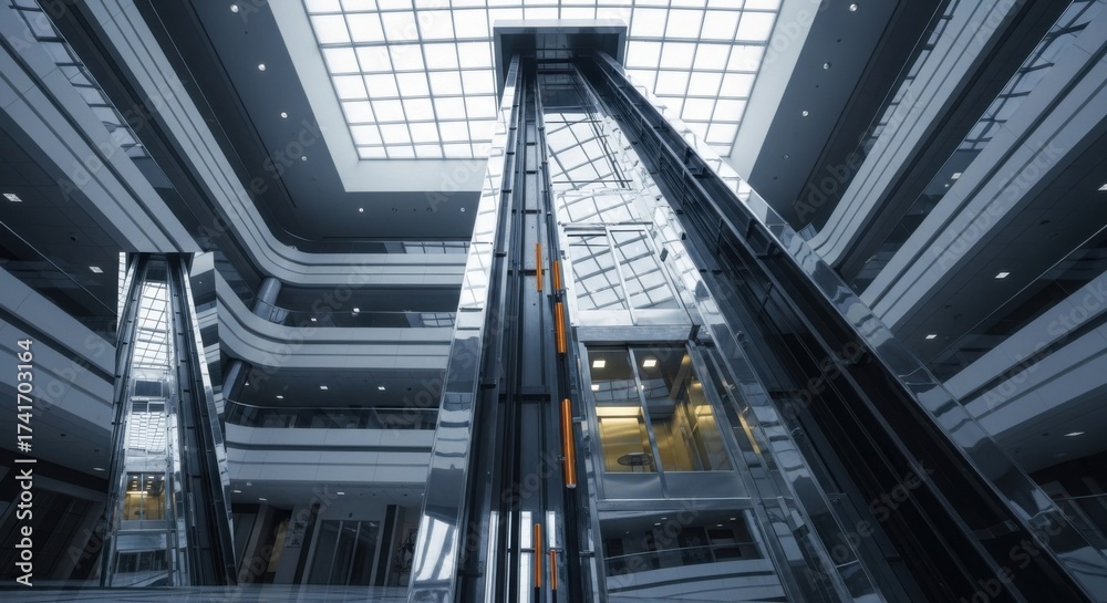 Obraz premium Modern Indoor Shopping Mall with Multiple Escalators Brightly Lit in Contemporary Architectural Style