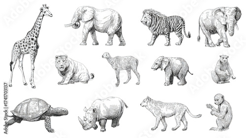 Collection of Hand Drawn Wild Animal Sketches.