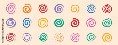 colorful spirals hand drawn swirl circle doodle hand drawn set. funny cute rainbow spirals.