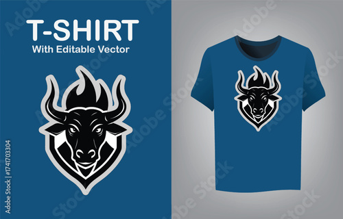 Fiery bull mascot logo design for esports and apparel with t-shirt mockup