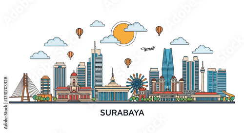 Vibrant Surabaya city skyline outline illustration showcasing iconic Indonesian landmarks, modern architecture, and dynamic urban elements under a sunny sky