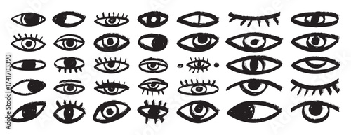 bizarre eyes hand drawn doodle brush set. Textured minimalistic grunge eyes rough collection 